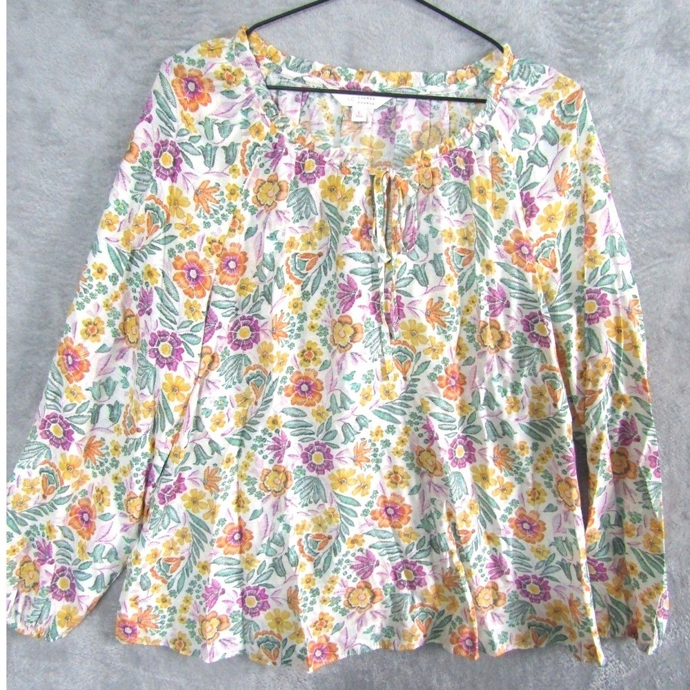 LC Lauren Conrad Floral Peasant Blouse Womens Large L Long Sleeve Scoop Neck Tie
